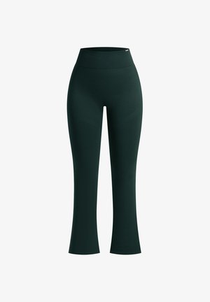 Dunkelgrüne, hochtaillierte, ausgestellte Leggings aus dehnbarem Stoff mit einer glatten Textur und ohne sichtbare Muster oder Hardware-Details.
