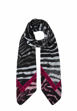 Zwart en grijs zebraprint sjaal met roze driehoekige uiteinden met herhaalde "LIU JO" tekst.