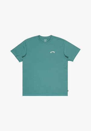 Teal cotton t-shirt with a crew neck, short sleeves, and a small white logo on the chest. Simple design, smooth texture, and relaxed fit.