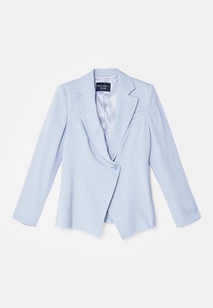 Helles blaues Blazer aus strukturiertem Stoff, mit Reverskragen, einreihiger Knopfschluss und leicht taillierter Passform.