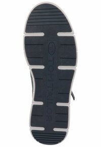 Suola di una sneaker, realizzata in un materiale di gomma blu scuro testurizzato con un bordo bianco. Il logo "TOM TAILOR" e la misura "41" sono incisi.