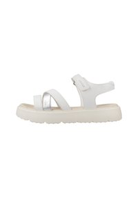 Sandalo bianco con due ampie cinghie e un dettaglio argento. Presenta una cinghia sul retro e una suola testurizzata per una migliore aderenza. Realizzato in materiali sintetici.