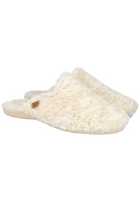 pantuflas de felpa en color beige con un upper suave y texturizado y una suela plana de color claro. Sin herrajes visibles ni patrones.