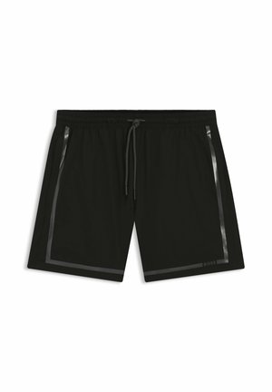 Costume da bagno nero da uomo con vita elastica, coulisse e dettagli con nastro riflettente lungo i lati e l'orlo inferiore.