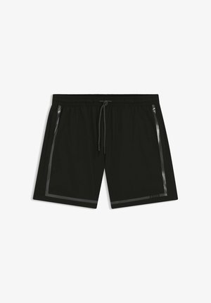 Schwarze Badeshorts für Herren mit elastischem Bund, Kordelzug und reflektierenden Bändern an den Seiten und am unteren Saum.