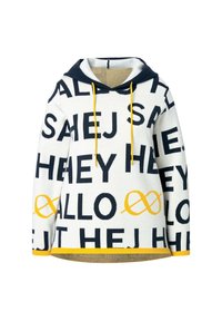 Haut à capuche blanc avec des lettres noires épelant "salutations" en diverses langues, symboles d'infini jaunes, capuche avec des cordons de serrage jaunes et des finitions jaunes.