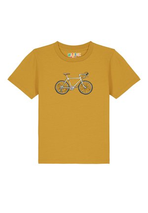 Geel katoenen t-shirt met een grijze fietsafbeelding op de voorkant. Ronde hals en korte mouwen, met een gladde textuur.