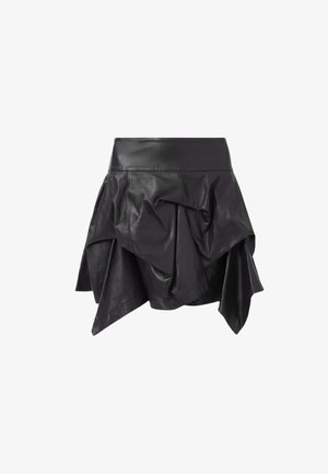 Black leather skirt featuring a flared, asymmetrical design with draped details and a fitted waistband. Smooth texture with a glossy finish.
