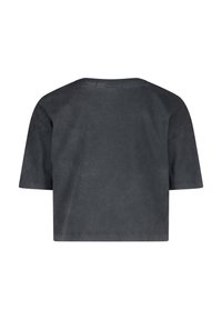 Black cropped t-shirt with a round neckline, dropped shoulders, and short sleeves. Made from a soft, textured cotton material.