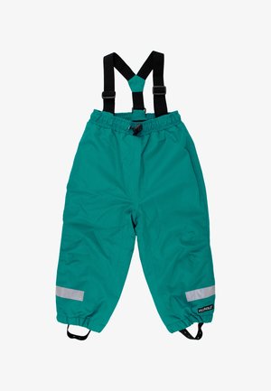 Turquoise waterdichte broek met verstelbare zwarte bretels, elastische tailleband, reflecterende streep en elastische boorden. Voorzien van zijzakken.