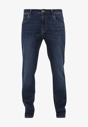 Tumedat sinised teksad klassikalise disainiga, mis sisaldavad viit taskut, ees olevaid nööpe ning heledat kontrastset ääristust õmbluste ääres.