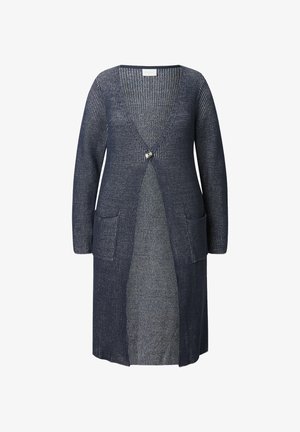 Námořnický pletený kardigan s výstřihem do V, dlouhými rukávy, zapínáním na knoflíky vpředu a dvěma kapsami. Má texturovaný vzor po celém povrchu.