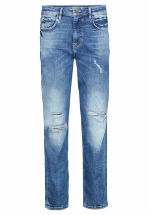 Hellblaue Dieseljeans mit geradem Schnitt, mit beschädigten Bereichen und Ausbleichungen. Mit Passe, fünf Taschen und metallischen Hardware-Details.