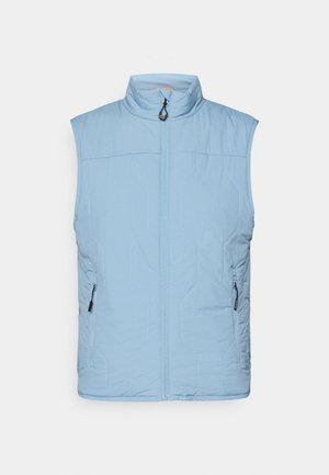 Gaiši zils bezpiedurkņu žakets ar augstu apkakli, priekšējo rāvējslēdzēju un divām sānu kabatām. Iespējo quilted tekstūru un smalku vīlīšu apdari.