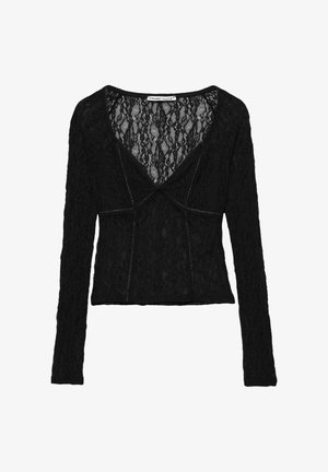 Schwarze Spitze Langarmbluse mit V-Ausschnitt, tailliertem Oberteil, aufwändigem floralen Muster und kontrastierenden Nähten entlang der Seiten.