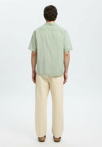 Camisa de manga corta a rayas verticales en verde y blanco, combinada con pantalones crema. Cuenta con una sisa trasera y un diseño de corte relajado.