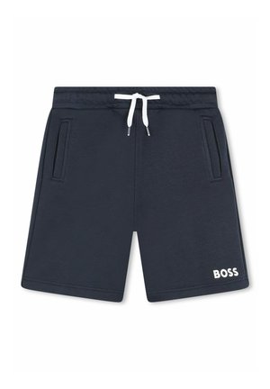 Pantaloni corti blu navy realizzati in materiale morbido, dotati di una vita con cordoncino, tasche laterali e un logo bianco "BOSS" sul lato destro in basso.