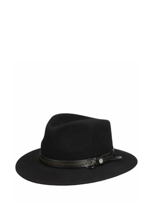 Black wide-brim fedora hat with a leather band featuring zigzag stitching and a small round metal emblem on the side.