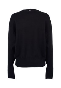 Maglione lungo nero a maniche lunghe in maglia, con scollo rotondo e orlo a coste, visibile da dietro su uno sfondo bianco.