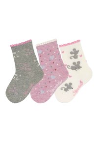 Drei Paar Kindersocken: grau mit Herzen, pink mit Punkten und weiß mit Mausmotiven, alle mit Rüschenspitze und weichem Strickmaterial.