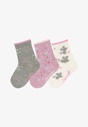 Three pairs of children's socks: gray with hearts, pink with polka dots, and white with mouse designs, all with ruffled tops and soft knit texture.