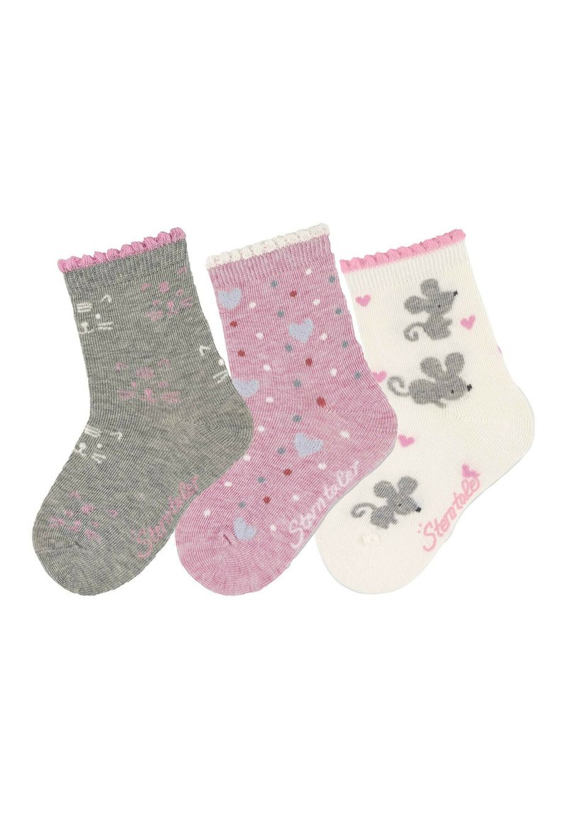 Drei Paar Kindersocken: grau mit Herzen, pink mit Punkten und weiß mit Mausmotiven, alle mit Rüschenspitze und weichem Strickmaterial.