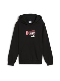 Felpa nera in cotone con tasca a marsupio frontale. Presenta una grafica in rosso e bianco, che mostra "FORZA MILAN" e loghi.