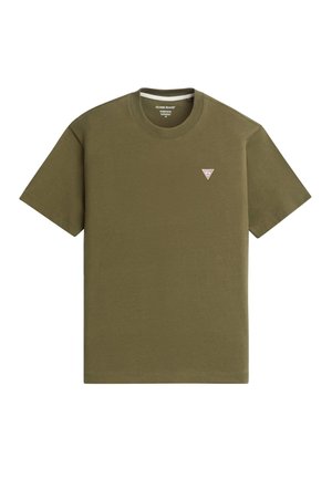 Olīvu zaļš kokvilnas T-krekls ar īsām piedurknēm, apaļu kaklu un mazu trīsstūrveida logotipu uz kreisā krūšu. Gluda tekstūra un regulāra piegriezuma.