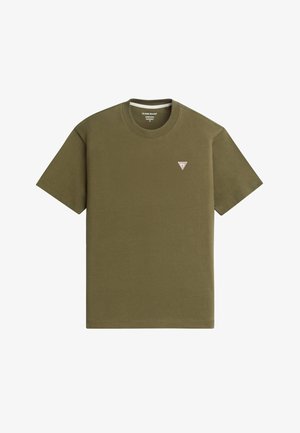 Olive zelené bavlnené tričko s krátkymi rukávmi, okrúhlym výstrihom a malou trojuholníkovou nášivkou na ľavej hrudi. Hladká textúra a bežný strih.