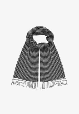 Czarny i szary tkany szalik w wzór w houndstooth, z frędzlami na brzegach i miękką fakturą. Projekt ma prostokątny kształt i luźno opada.