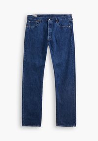 Dark blue denim jeans with a straight-leg cut, featuring a front button, zipper fly, and standard five-pocket design.