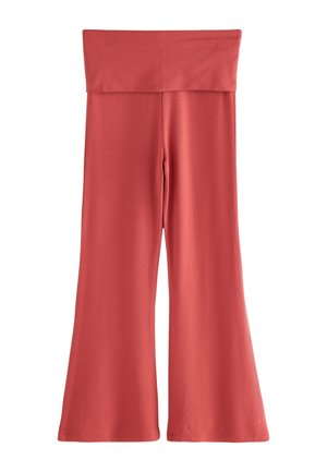 Hlače širokih nogavica, visokog struka s presavijenim pojasom u jednobojnoj prigušenoj crvenoj boji, izrađene od mekog, rastezljivog materijala.