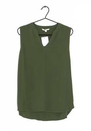 Olive green sleeveless top with a V-neck, made of lightweight fabric. Features a slightly longer back hem and a small tag attached.