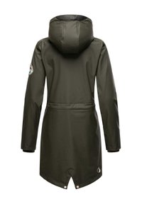 Olive green waterproof long coat with a fitted hood, cinched waist, and a logo patch on the sleeve. Features snap closures at the hem.