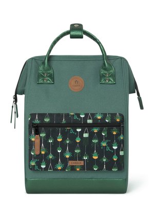 Green multi-functional backpack with a textured, shiny handle, a front zip pocket featuring a plant pattern, and a solid green base.
