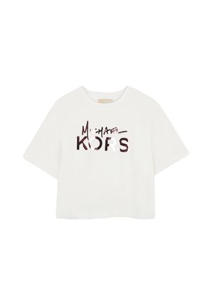 Wit T-shirt met korte mouwen met het "Michael Kors" logo in grote gestileerde letters op de voorkant gedrukt.