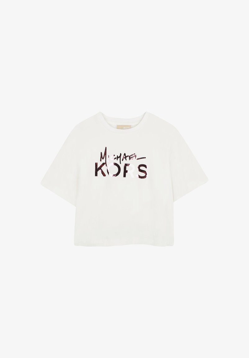 Λευκό κοντομάνικο μπλουζάκι με το λογότυπο "Michael Kors" τυπωμένο με μεγάλα στιλιζαρισμένα γράμματα στο μπροστινό μέρος.
