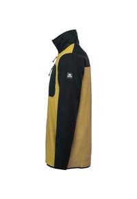 Schwarz-gelbe Fleecejacke mit hohem Kragen, Frontreißverschluss-Tasche und Logopatch am Ärmel. Weiche Textur, lockere Passform.