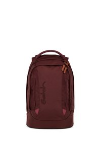 Dark red backpack with top handle, front zippered compartments, and "Satch" logo embroidered vertically on the front pocket.