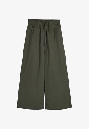 Oliwkowe spodnie culottes z miękkiego materiału, z elastycznym pasem i regulowanym sznurkiem. Szerokie nogawki.