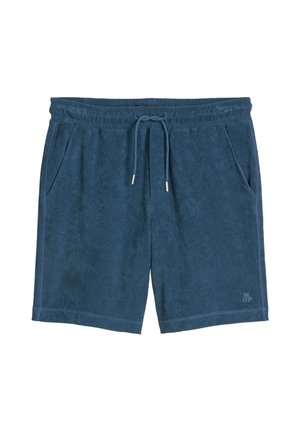 Blaue Frottee-Shorts mit elastischem Bund, Kordelzug, Seitentaschen und dezentem Logo am unteren linken Bein.