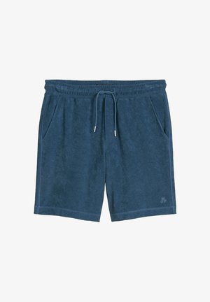 Shorts bleus en tissu éponge avec taille élastique, cordon, poches latérales et logo discret sur la partie inférieure de la jambe gauche.
