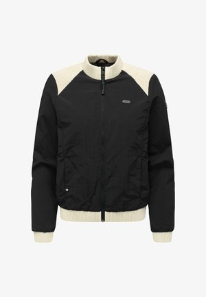 Sort lynlåsjakke med cremefarvet ribstrikket krave, skulderpaneler, manchetter og kant, med en lille logo på brystet og ærmet.