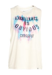 Bezrekawnikowy kremowy top z bawełny, ozdobiony kolorowym wzorem natryskowym z napisem "DOSKONAŁOŚĆ JEST OCZYWISTA CROSSFIT."