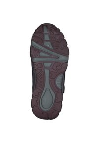 Suola di scarpa sportiva con motivo di battistrada multidirezionale, colore marrone scuro, materiale in gomma e superficie testurizzata per grip e durata.