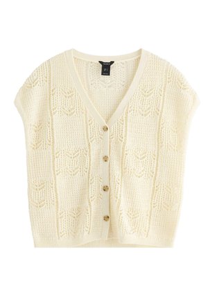 Flødefarvet strikket kortærmet cardigan med V-hals, fire brune knapper og et delikat hulmønster.