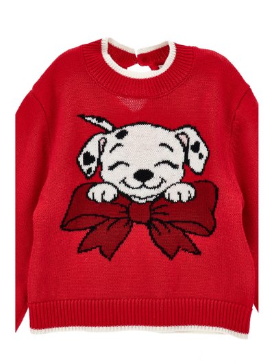 Pull en maille rouge avec un visage de chiot blanc souriant et des pattes au-dessus d'un grand nœud rouge à l'avant, col et poignets côtelés avec bordure blanche.