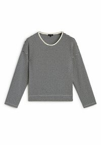 Maglia a maniche lunghe a righe in bianco e nero, con una texture a coste e un collo rotondo con bordo a contrasto crema.