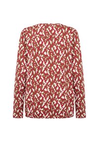 Gemusterte Bluse mit langen Ärmeln, die ein geometrisches Design in Rot, Braun und Weiß aufweist, mit abgerundetem Saum und ohne sichtbare Verschlüsse.
