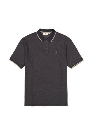 Polo de manga corta gris oscuro con textura, con ribete beige en el cuello y las mangas, dos botones en la parte frontal y un pequeño logo cuadrado en el pecho.